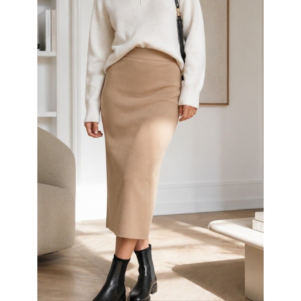 Babaton Johan Wool Blend Camel Knit Midi Skirt XS Quiet Luxury Minimalist Office